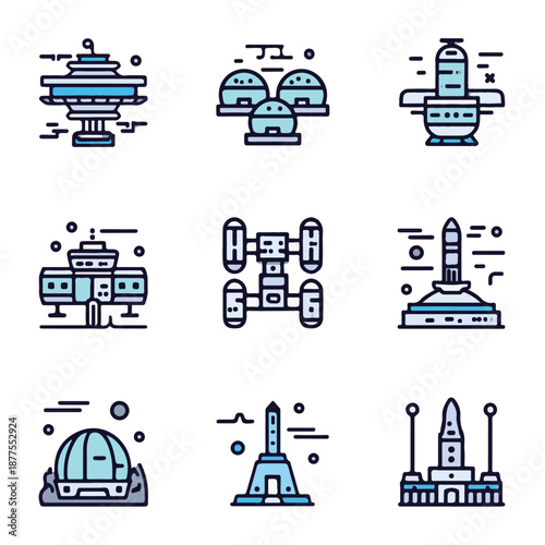 Extraterrestrial Colony and Space Habitat Vector Line Art.