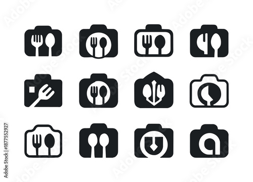 Cooking Show Icons. cooking show. Icon set. Set Logo of cooking show: camera with spoon and fork. harmonious logo variations of the same emblematic concept,