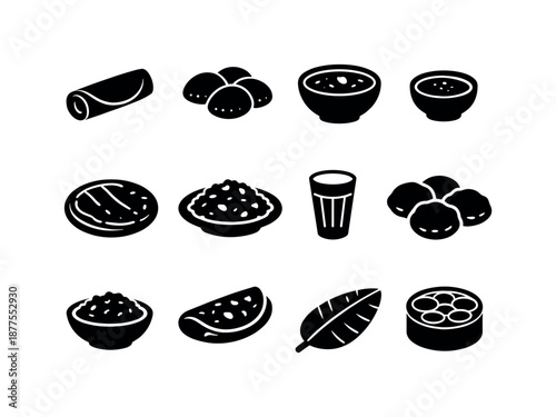 Indian Breakfast Icons. Indian breakfast. Solid icon set of Indian breakfast: dosa, idli, sambar bowl, chutney cup, paratha, poha plate, chai glass, puri, upma