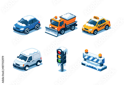 Winter Road Transport Icons. Winter road transport. Isometric flat vector icons set of winter road transport: car with snow chains, city snowplow truck, winter