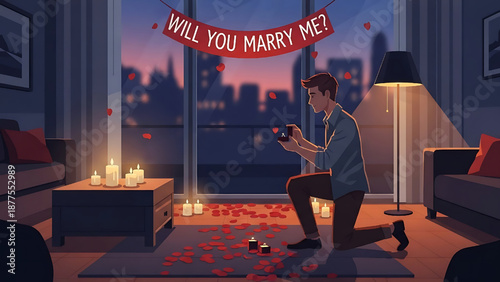 A Romantic Marriage Proposal Scene with a Man on One Knee Surrounded by Rose Petals and Candles