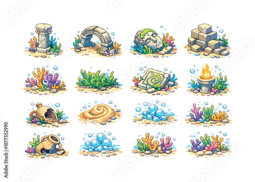 Underwater Ruins Icons. underwater ruins. Colorful isometric vector icons set of underwater ruins: cracked column, fallen arch, ruined statue head, stone