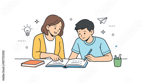 Guided Learning Illustration. Guided learning process. Instructor supporting a student one-on-one, pointing at notes or a workbook. Trustful focused