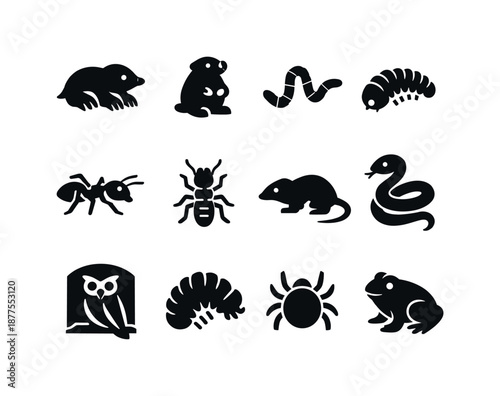 Underground Creatures Icons. Underground animals. Solid icon set of underground animals: mole, gopher, earthworm, beetle larva, ant, termite, shrew, snake,