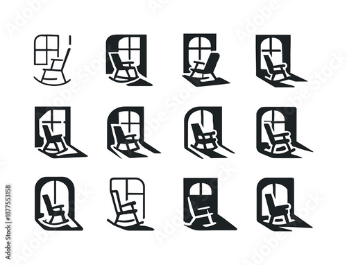 Rocking Chair Logos. Rocking chair by the window. Icon set. Set Logo of rocking chair by the window: rocking chair shadow cast by window. harmonious logo
