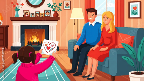 Heartwarming family moment as a child presents a handmade drawing to loving parents in their cozy living room, symbolizing affection and togetherness