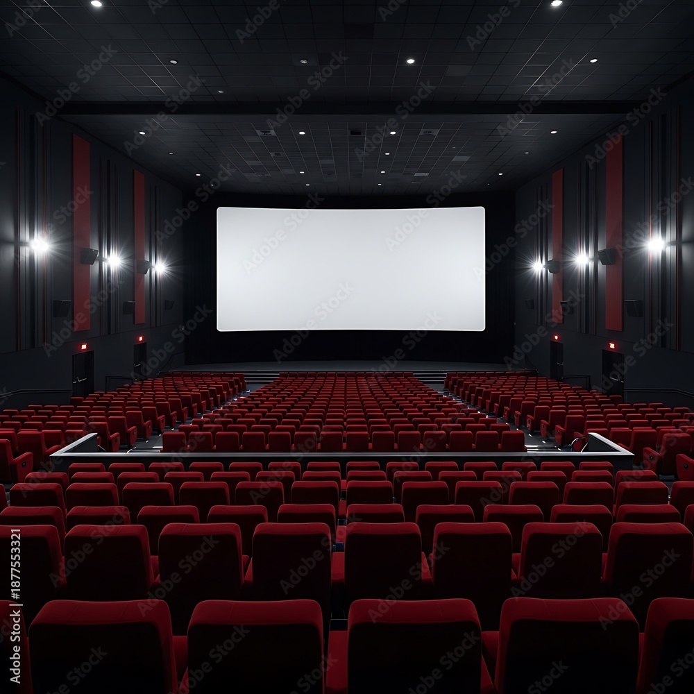 Obraz premium Empty Movie Theater - Rows of Red Seats Facing a Large White Screen.