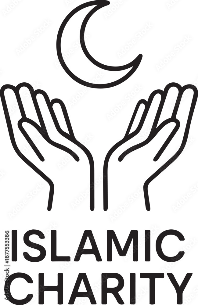 Obraz premium Isolated islamic charity landing header icon, donation website hero helping hands crescent moon silhouette, islamic charity minimal line vector isolated design, isolated charity header illustration