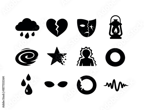 Emotional Darkness Icons. Emotional darkness. Solid icon set of emotional darkness: dark cloud, heavy heart, cracked mask, dim lantern, swirling shadow, fading