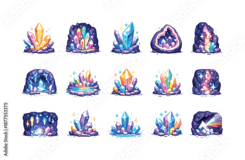 Crystal Caves Icons. Crystal caves. Colorful flat vector icons set of crystal caves: quartz cluster, glowing crystal wall, sapphire shard, geode interior,