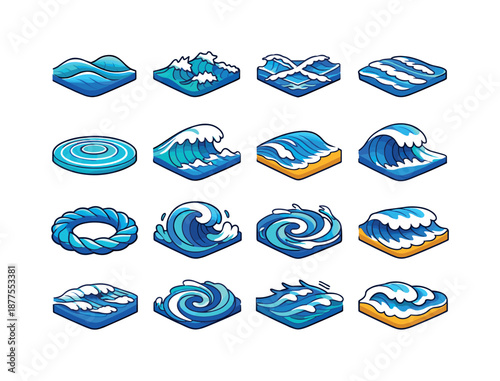 Colorful Wave Patterns. Wave patterns. Colorful isometric vector icons set of wave patterns: smooth swell, choppy waves, cross-sea pattern, foam streak, ripple
