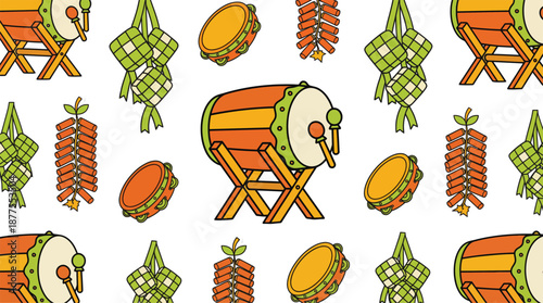 Seamless Indonesian Eid Mubarak Pattern with Bedug Drum and Ketupat - Hari Raya Background
