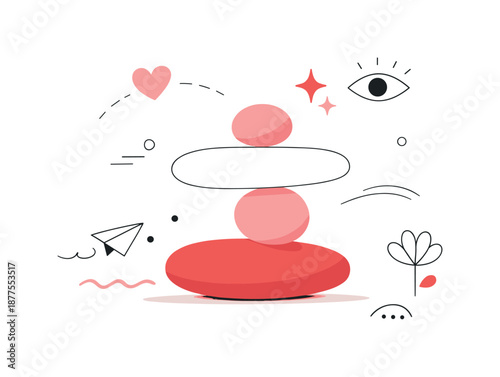 Pink Red Abstraction. Pink and Red Editorial Abstract. Floating abstract elements arranged with careful balance, inspired by emotions, creativity, and gentle