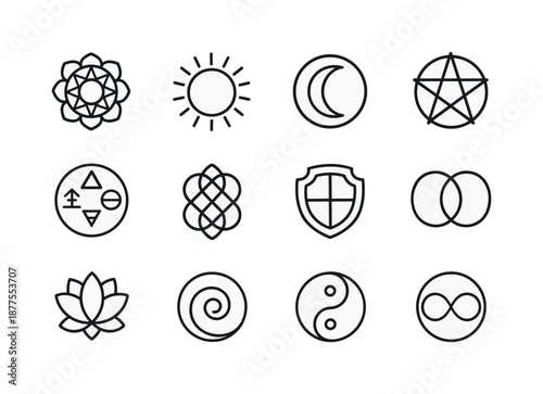 Sacred Circle Icon Set. Sacred circle. Line icon set of sacred circle: mandala ring, sun circle, moon circle, star circle, elemental circle, harmony knot,