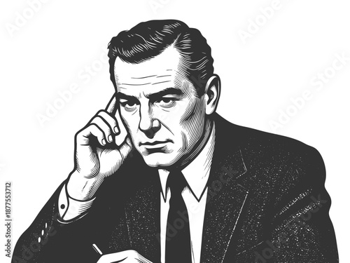 focused man in a suit, thinking deeply with a pen in hand, symbolizing decision-making and strategy sketch engraving generative ai vector illustration. Scratch board imitation. Black and white image.