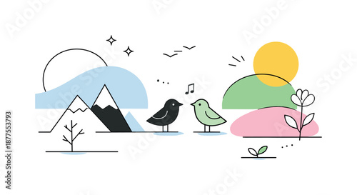 Seasonal Transition Abstraction. Modern seasonal abstraction. Clean geometric shapes layered lightly to suggest the passage from winter to spring. Minimal