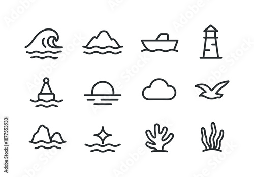 Ocean Icons Set. Ocean scenery. Line icon set of Ocean scenery: wave crest, mountain island, boat silhouette, lighthouse tower, buoy, horizon sun, cloud