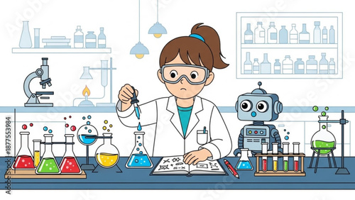 Female Scientist Working with Robot in Laboratory Setting