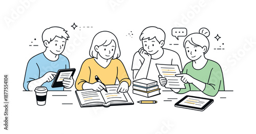Modern Study Session. Library study group research. Group analyzing printed materials and tablets with highlighted passages, focused research and careful