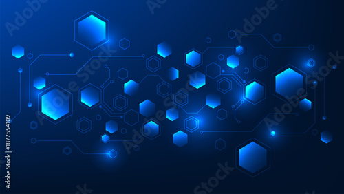 Abstract Technology Background with Connected Hexagonal Geometric Shapes, Digital Network Structure, Modern Innovation Concept for Technology Presentation
