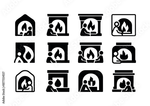 Fireplace Logo Set. People enjoying a warm fire in the fireplace. Icon set. Set Logo of people enjoying a warm fire in the fireplace: fireplace glow and