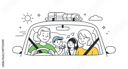 Family Road Trip. Holiday family journey. A calm car scene with parents driving and kids enjoying the ride. Safe travel and joyful anticipation captured in a