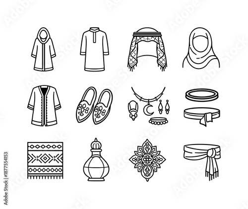 Middle Eastern Dress Icons. Middle Eastern dress. Line icon set of Middle Eastern dress: abaya, thobe, keffiyeh, hijab, bisht cloak, embroidered slippers, gold