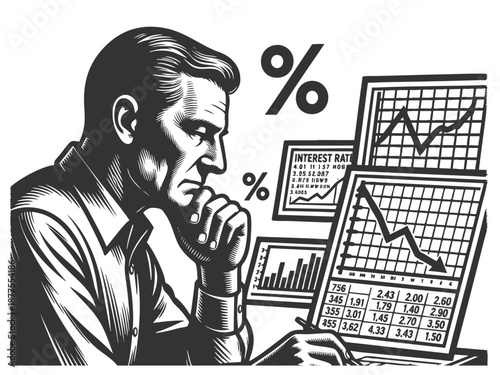 concerned man reviewing charts and percentages, symbolizing financial uncertainty, economic pressure, and investment risk sketch engraving generative ai vector illustration. Scratch board imitation. 