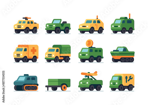 Colorful Military Icons. Military vehicles. Colorful flat vector icons set of military vehicles: armored trucks, transport jeeps, reconnaissance cars, command