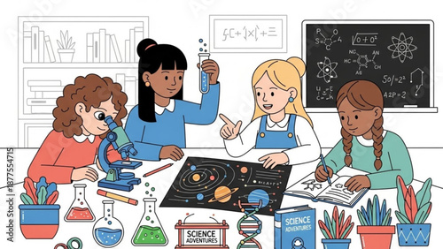 Diverse Girls Conducting Science Experiments in Classroom