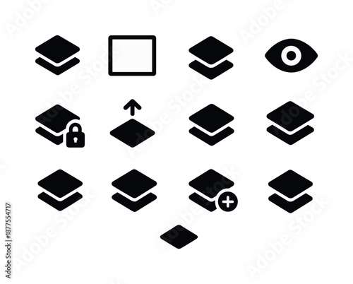 Layer Icon Set. Layer. Solid icon set of layer: stacked squares, transparent frame, layer icon, visibility eye, locked layer, layer order, layer group,