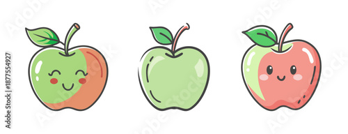 Three cute cartoon apples with happy faces and simple designs