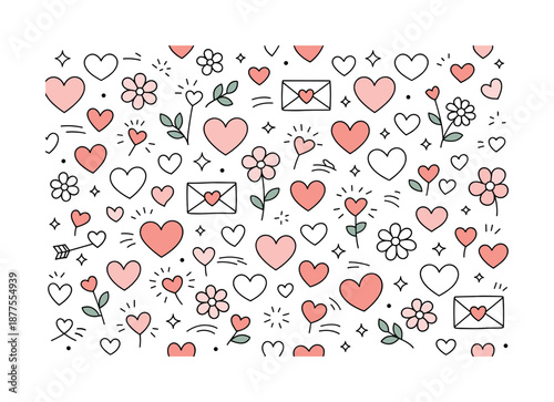 Romantic Valentine Pattern. Valentine?s Day seamless pattern. Editorial-style repeating background with hearts, flowers and abstract decorative shapes, calm