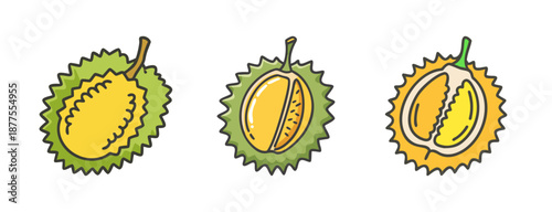 Set of three durian fruits, whole and cut, in a cartoon style