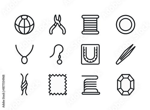Jewelry Making Icons. Jewelry making. Line icon set of Jewelry making: bead, pliers, wire spool, jump ring, clasp, necklace outline, earring hook, bead board,
