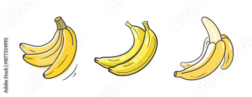 Bunch of hand-drawn yellow bananas, one peeled, on white background.