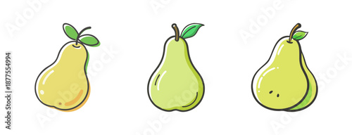 Three hand-drawn green pears with leaves on a white background.