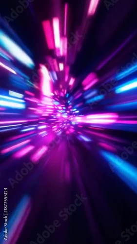 Vibrant neon light streaks creating a fast-moving tunnel for digital data transfer concept and futuristic technology background