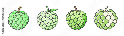 Green sugar apple fruits with segmented skin, isolated on white background.
