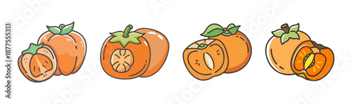 Four persimmon fruits, whole and sliced, isolated on white background.