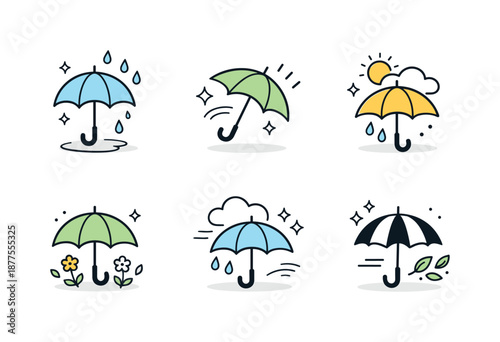 Geometric Umbrellas Art. Rainy spring umbrella icons. Clean geometric umbrellas paired with soft rain symbols and abstract accents, expressing freshness and