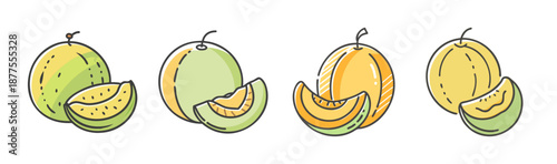 Hand-drawn honeydew melons, whole and sliced, in green and yellow hues.