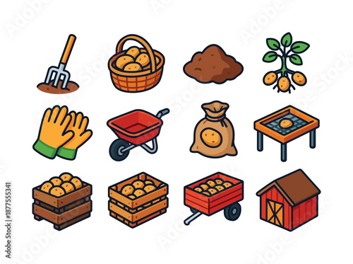 Potato Harvest Icons. Potato harvesting. Colorful isometric vector icons set of potato harvesting: garden fork, harvest basket, soil mound, potato plant