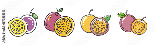 Vibrant passion fruits, whole and halved, showing seeds and pulp, vector art