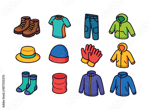 Colorful Hiking Clothing Icons. family hiking clothing. Colorful isometric vector icons set of family hiking clothing: hiking boots pair, breathable shirt,