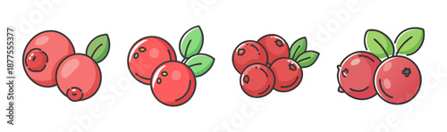 Collection of stylized cartoon cranberries with green leaves on white background