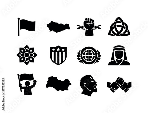 Nationalist Movements Icons. Nationalist movements. Solid icon set of Nationalist movements: nation flag, homeland map, independence symbol, unity knot,