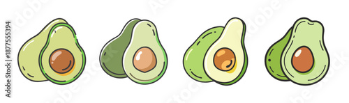 Group of cartoon avocados, whole and halved, on a white background