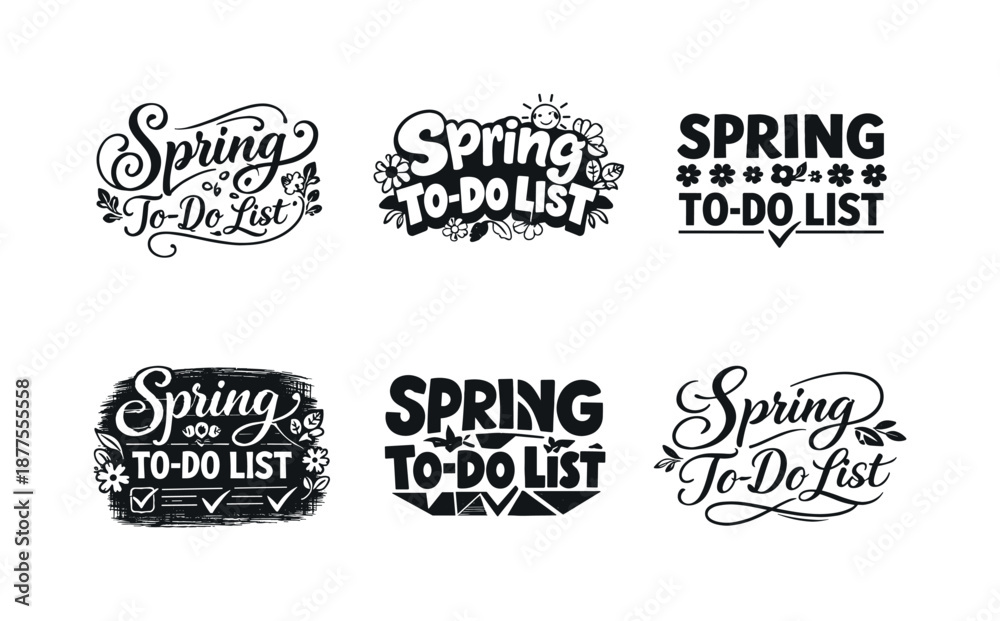 Obraz premium Spring Lettering Variations. Spring To-Do List. Set lettering. harmonious lettering variations of the same emblematic concept, each with different artistic