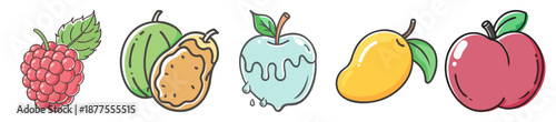 Assortment of five colorful hand-drawn fruits including raspberry, apple, mango, and peach.